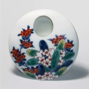 Vtg! Small Round Flat Disc Shaped Ceramic Bud Base Floral Tokyo‎ National Museum